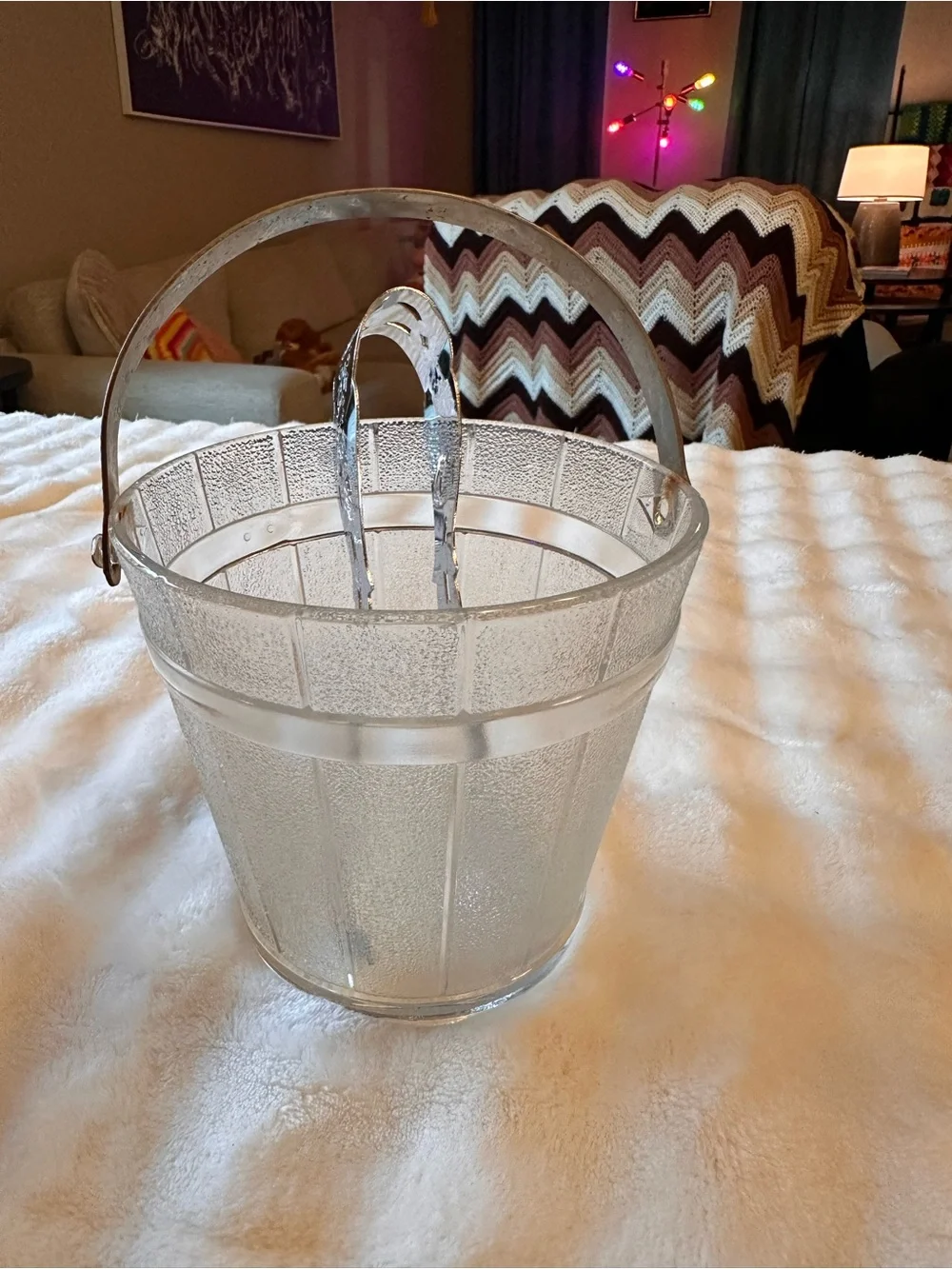 Vintage Textured Glass Ice Bucket with Metal Handle & Tongs